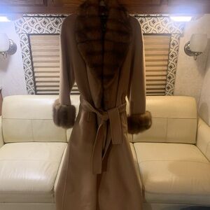 Saks Fifth Avenue Camel Trench Coat with Faux Fur Accents